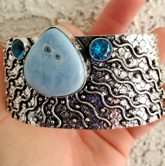 New Owyhee Opal and Blue Topaz 925 Silver Cuff Bracelet. - Picture 3 of 16